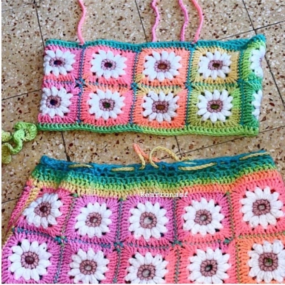 Colorful Crochet Top and Skirt Set